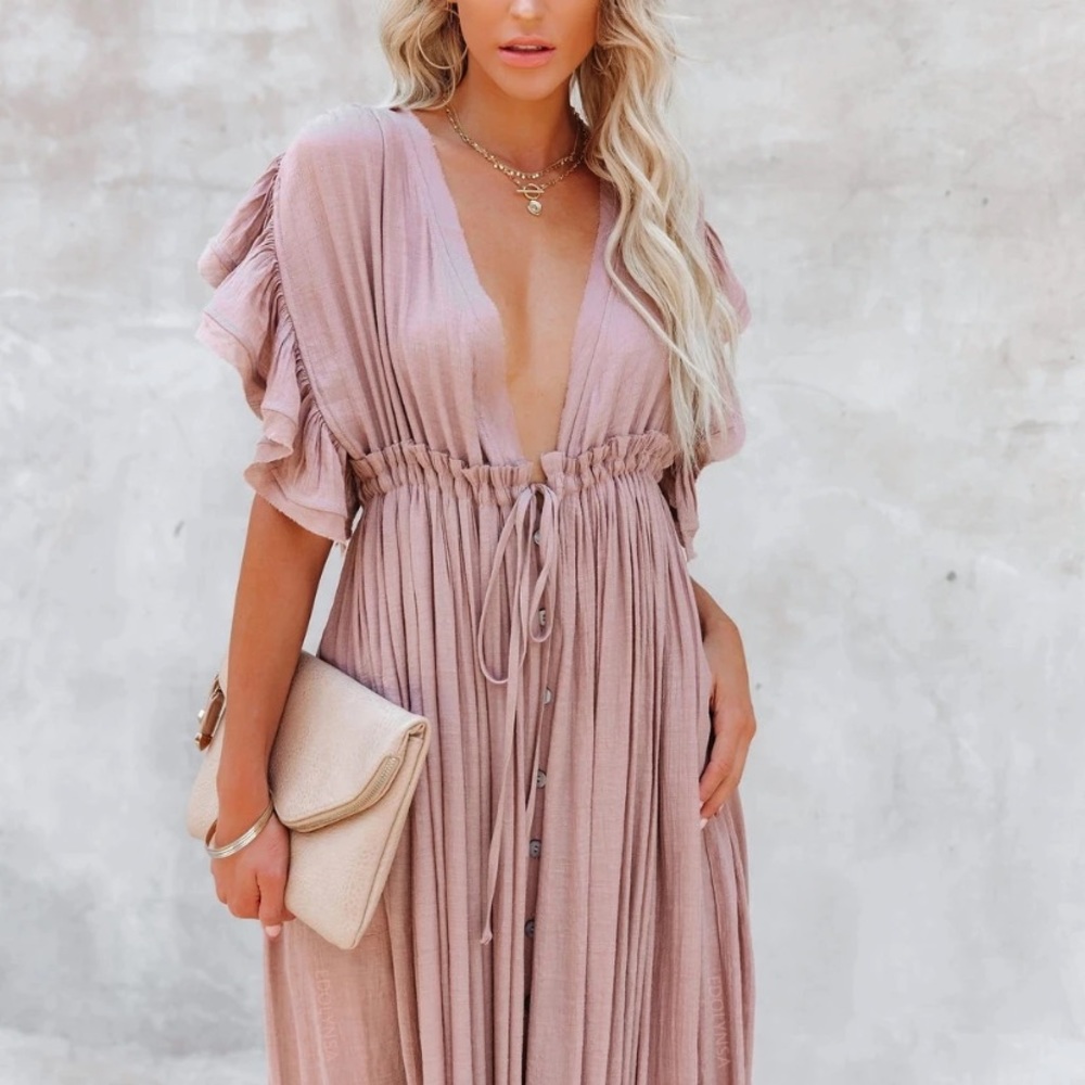 Light Dusty Pink Gauze Boho Button Maxi Coverup Dress - Picture 7 of 10